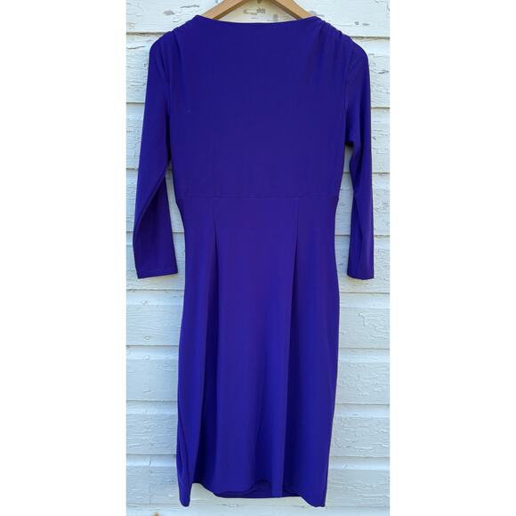 Lauren Ralph Lauren Dress Sz 6 Purple Faux Wrap Ruched Waist Midi Royal V-neck - Picture 2 of 4
